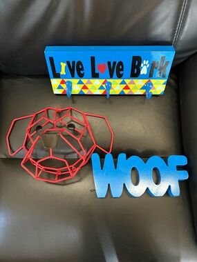 Live Love Bark Wall Hook + Red Dog Wire Decor + Blue "WOOF" Sign